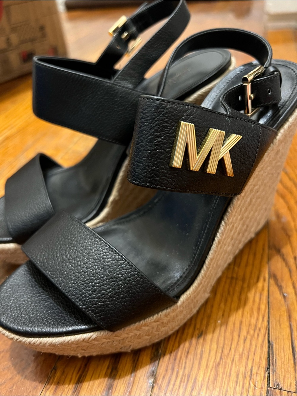 Michael Kors Black Leather Woven Espadrille Wedge Sandals with Gold MK Size 7